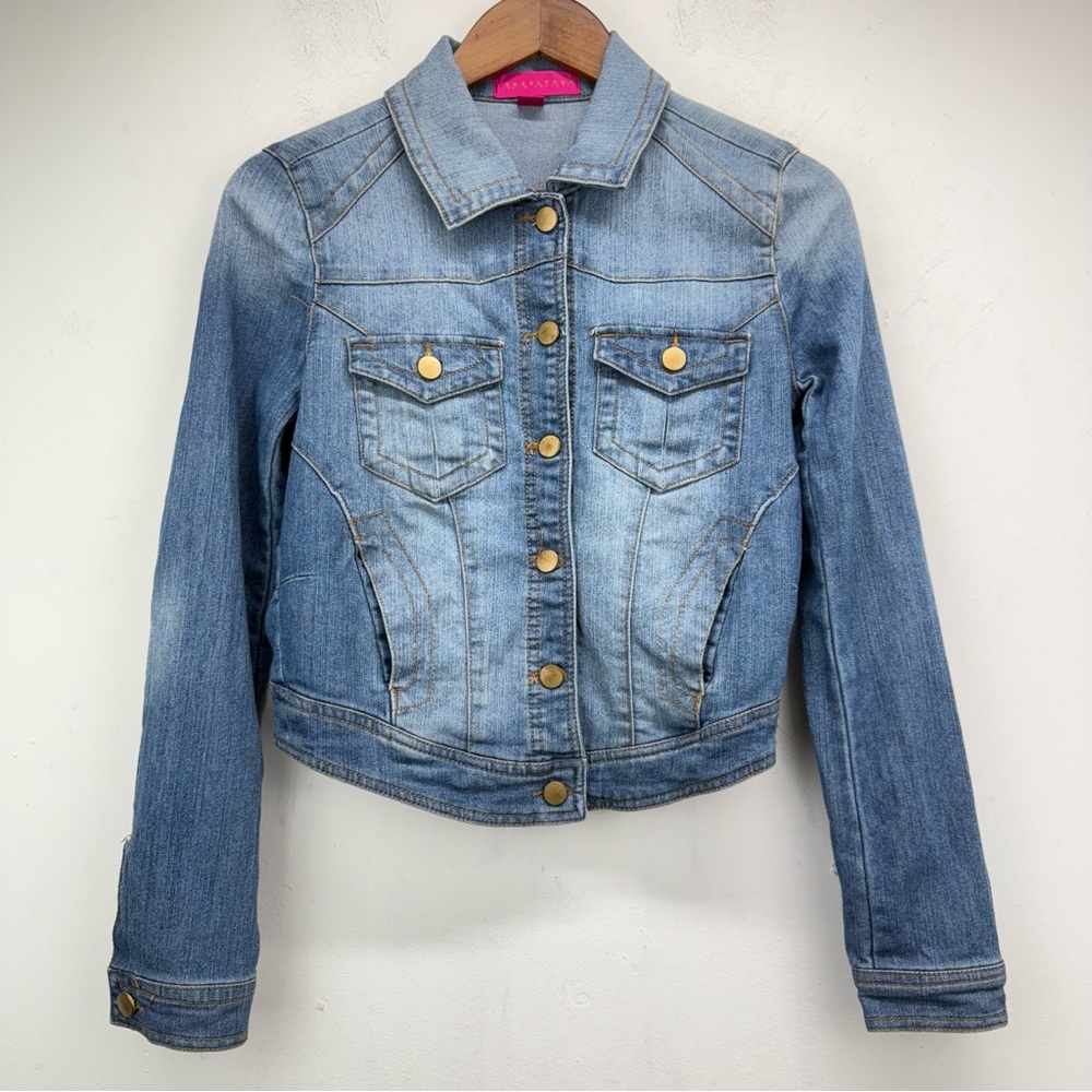 Tinseltown Denim Couture size Small Juniors Blue Button Up Cropped Jean Jacket